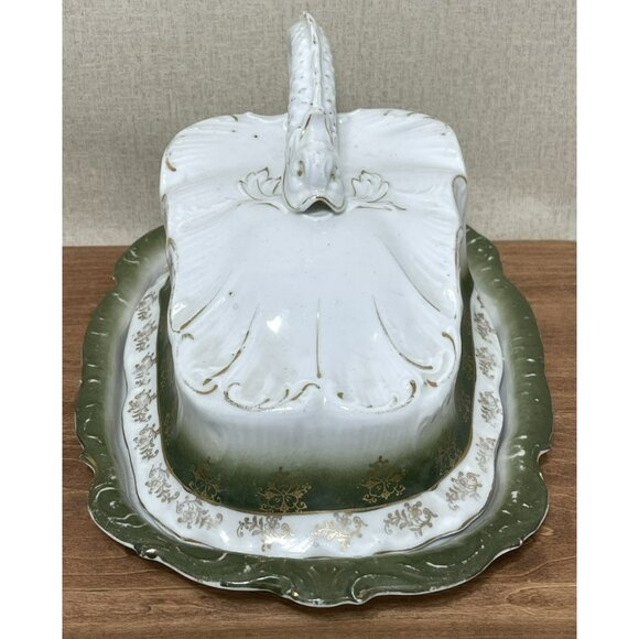 Vintage Glazed Green White Gold Cheese Keeper Butter Dish Dragon Handle - Picture 4 of 7